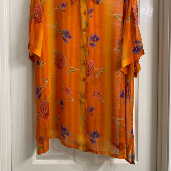 Erena Brand Women's Orange with Flowers Sheer Blouse, Size 2X - Picture 2 of 5